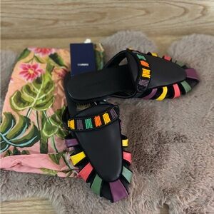 NWT FARM Rio Rainbow Beaded Vegan Mules